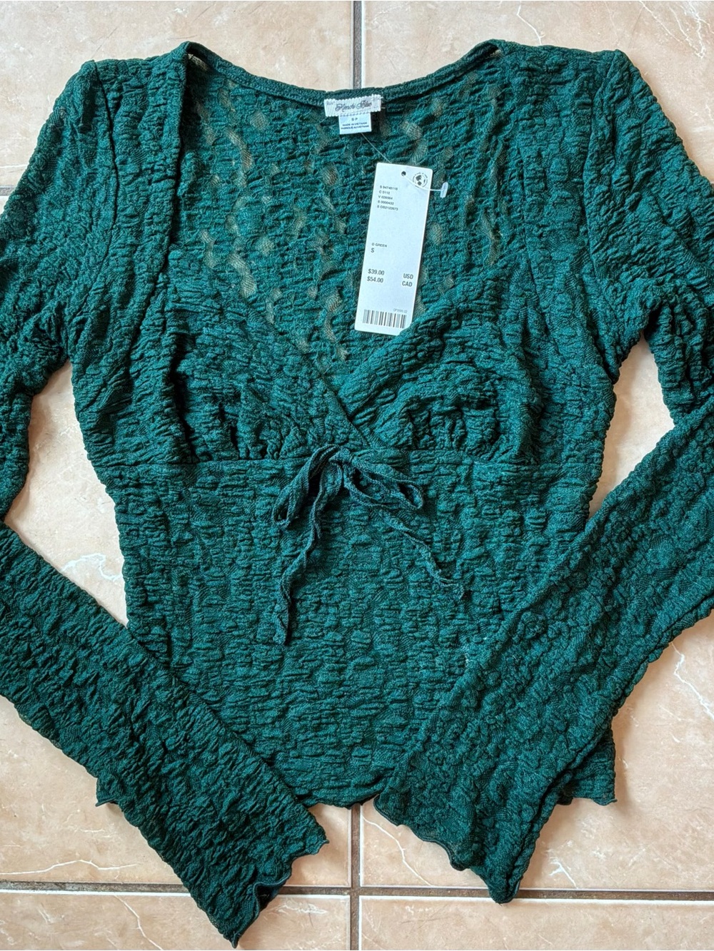 Green lace fabric with Tie-Front Long Sleeve Top